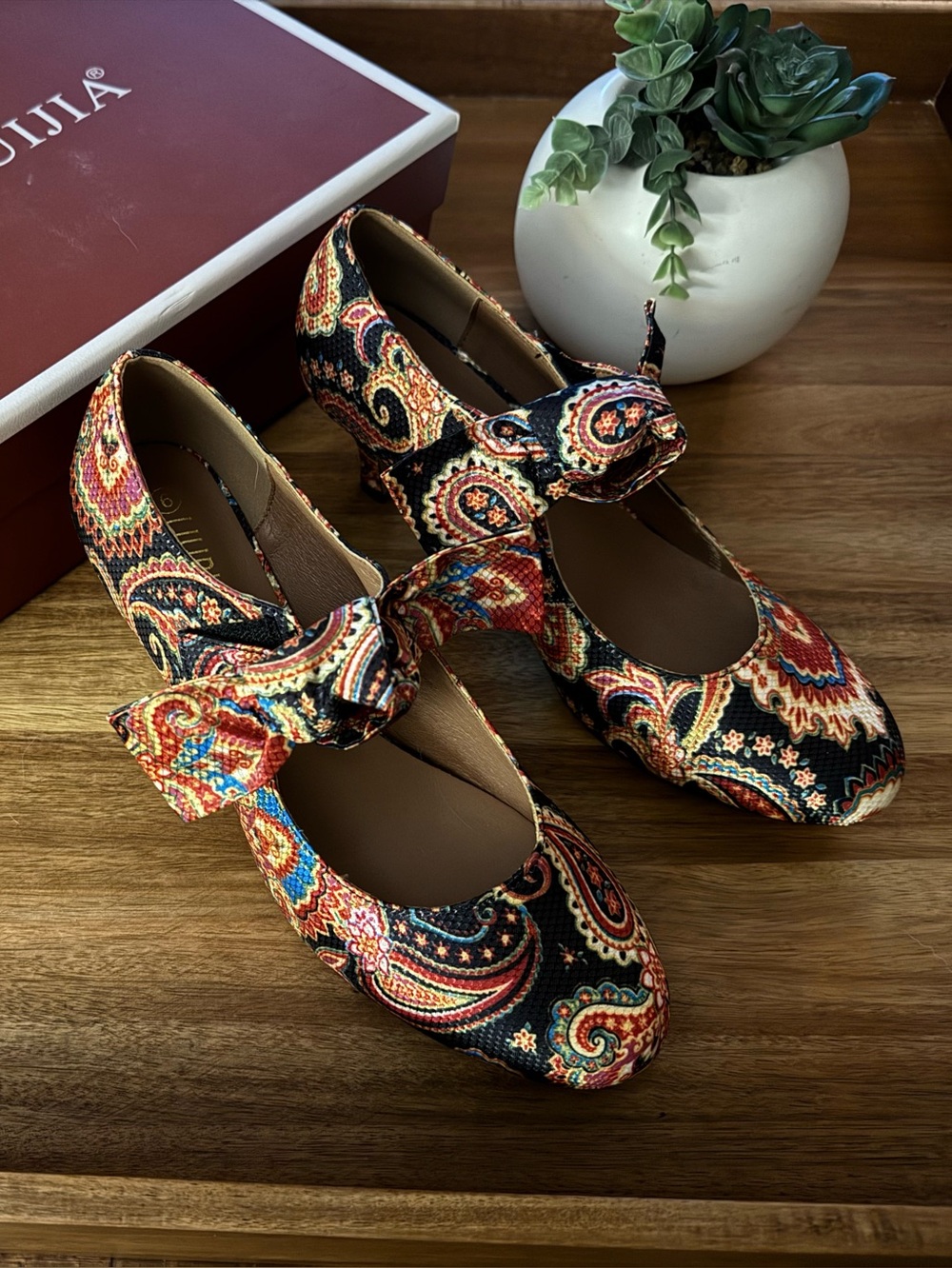 Paisley Bow Mary Jane Heels in Black and Multicolor